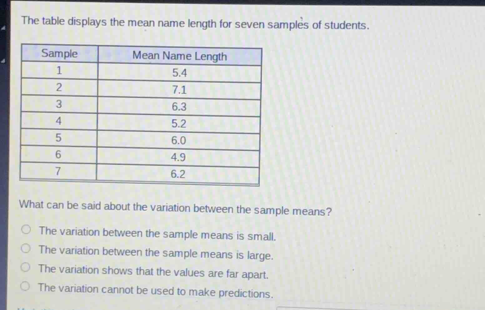 the table displays the mean name length for seven samples of students. …