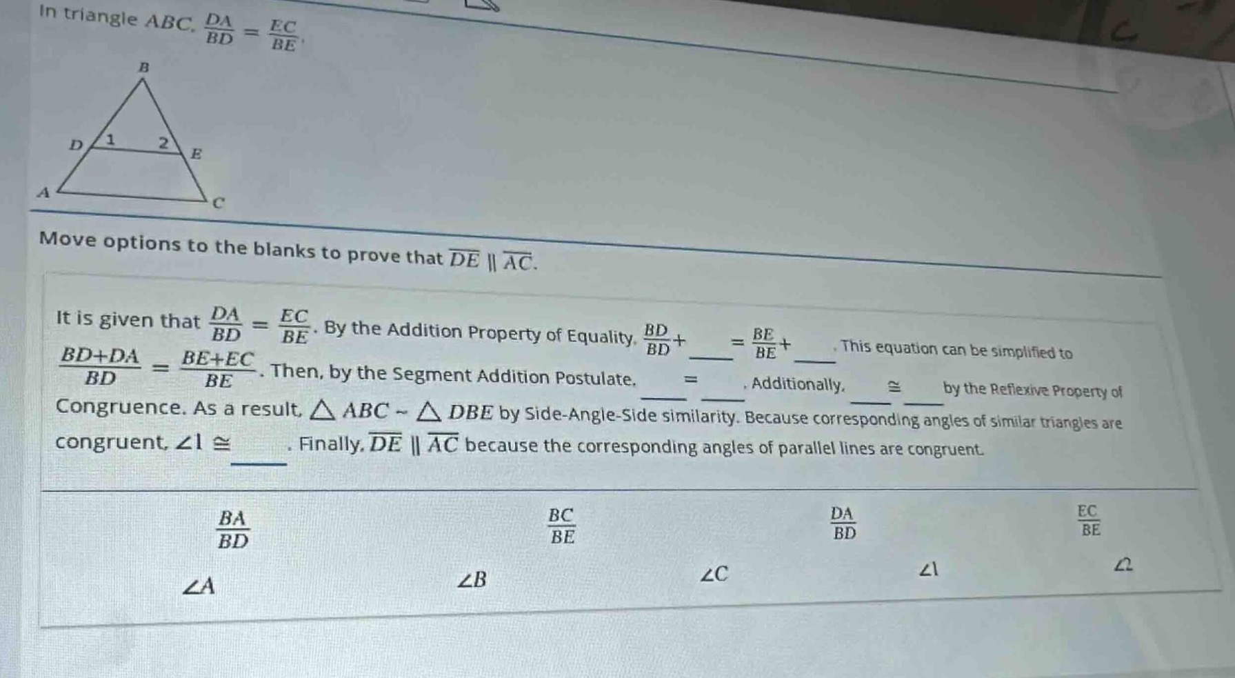 in triangle abc, \\(\\frac{da}{bd} = \\frac{ec}{be}\\). move options to…