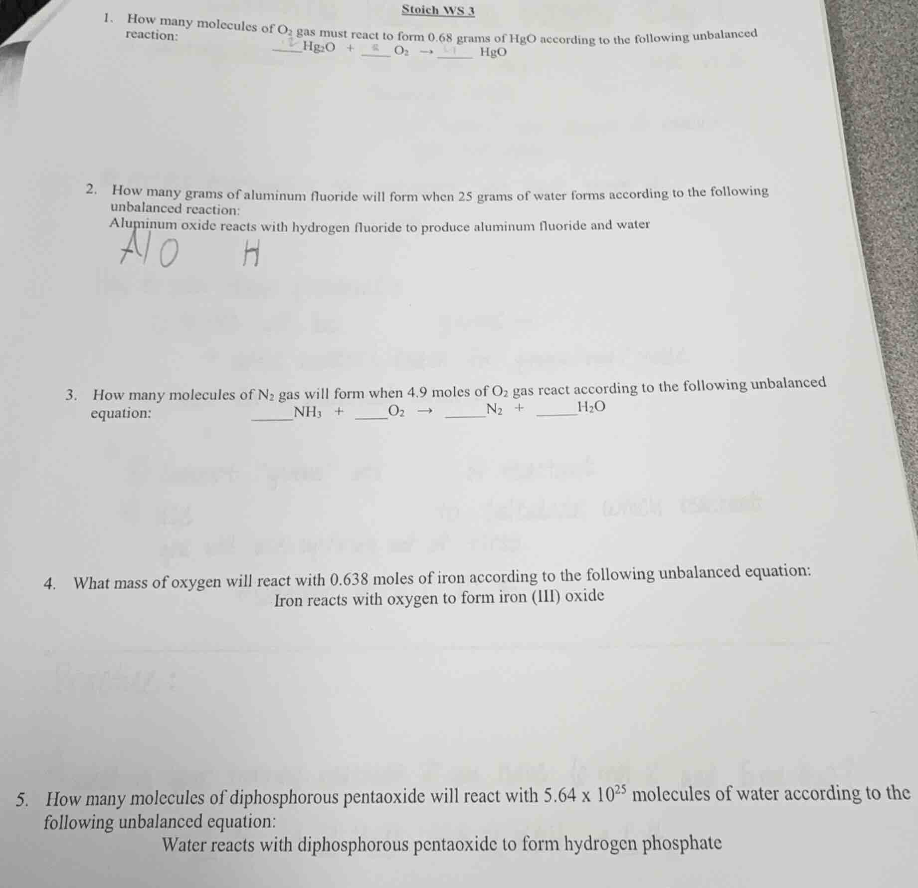 stoich ws 3 1. how many molecules of o₂ gas must react to form 0.68 gra…