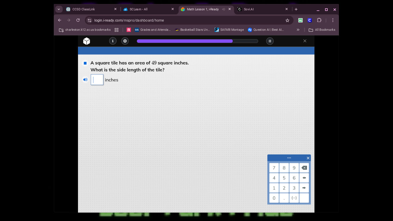 a square tile has an area of 49 square inches. what is the side length …