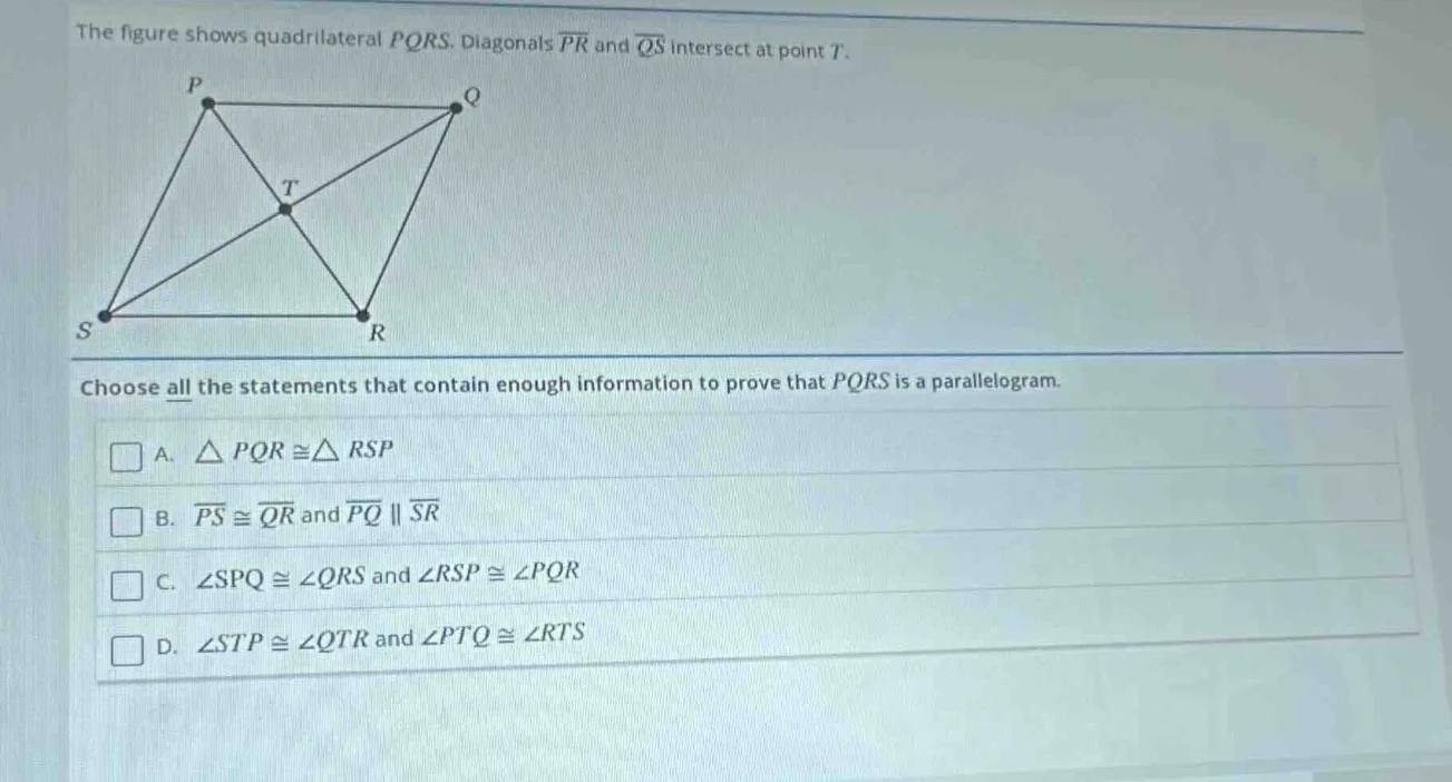 the figure shows quadrilateral pqrs. diagonals \\(\\overline{pr}\\) and…