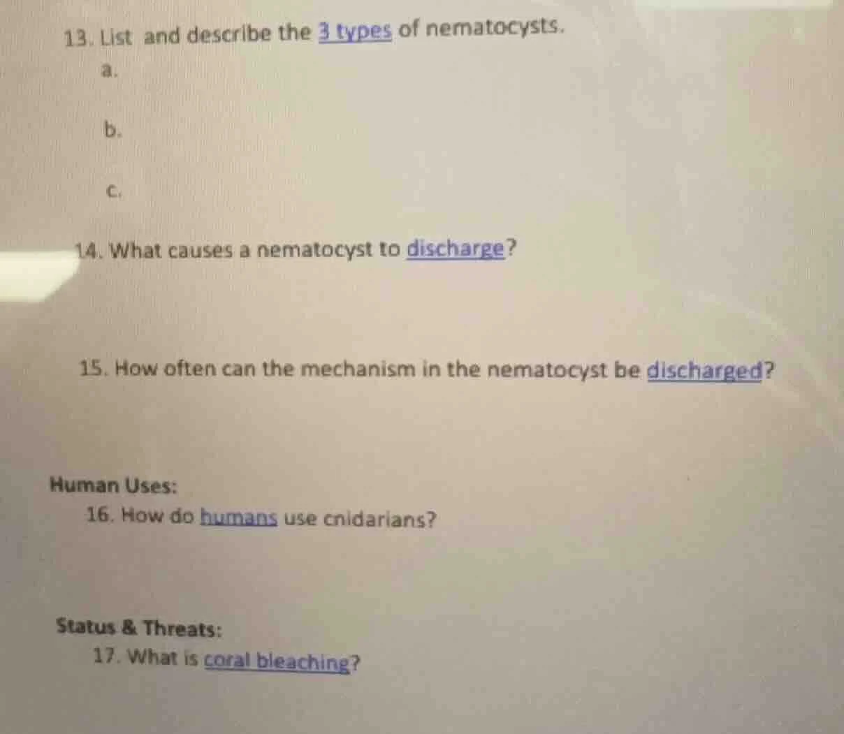13. list and describe the 3 types of nematocysts. a. b. c. 14. what cau…