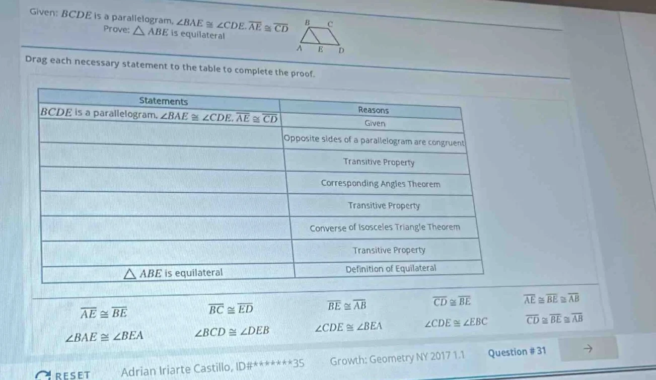 given: bcde is a parallelogram, ∠bae ≅ ∠cde, overline{ae} ≅ overline{cd…
