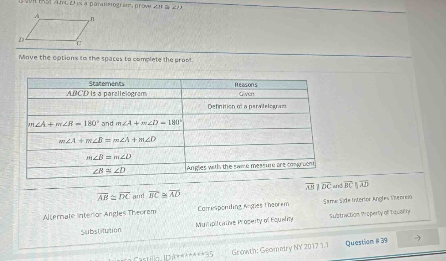 given that abcd is a parallelogram, prove $\\angle b \\cong \\angle d$.…