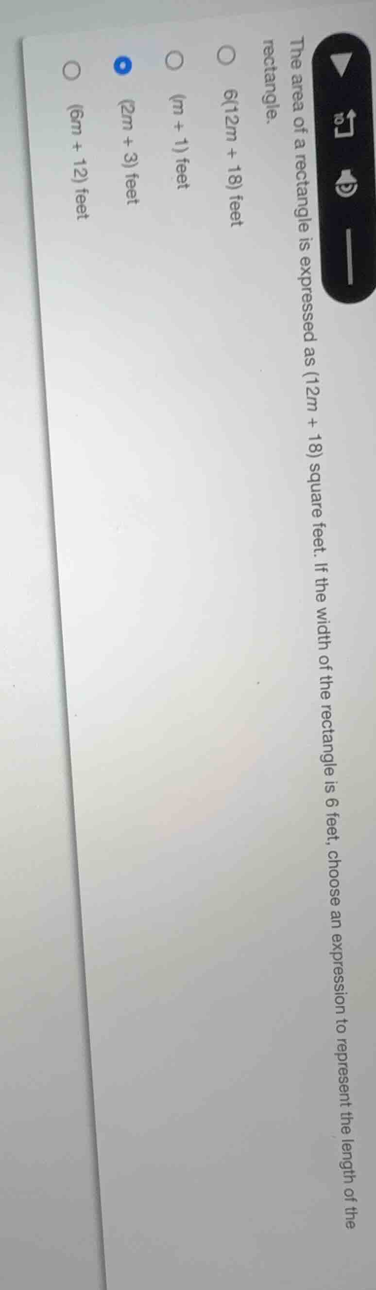 the area of a rectangle is expressed as (12m + 18) square feet. if the …