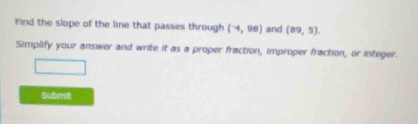 find the slope of the line that passes through (-4, 98) and (89, 5). si…