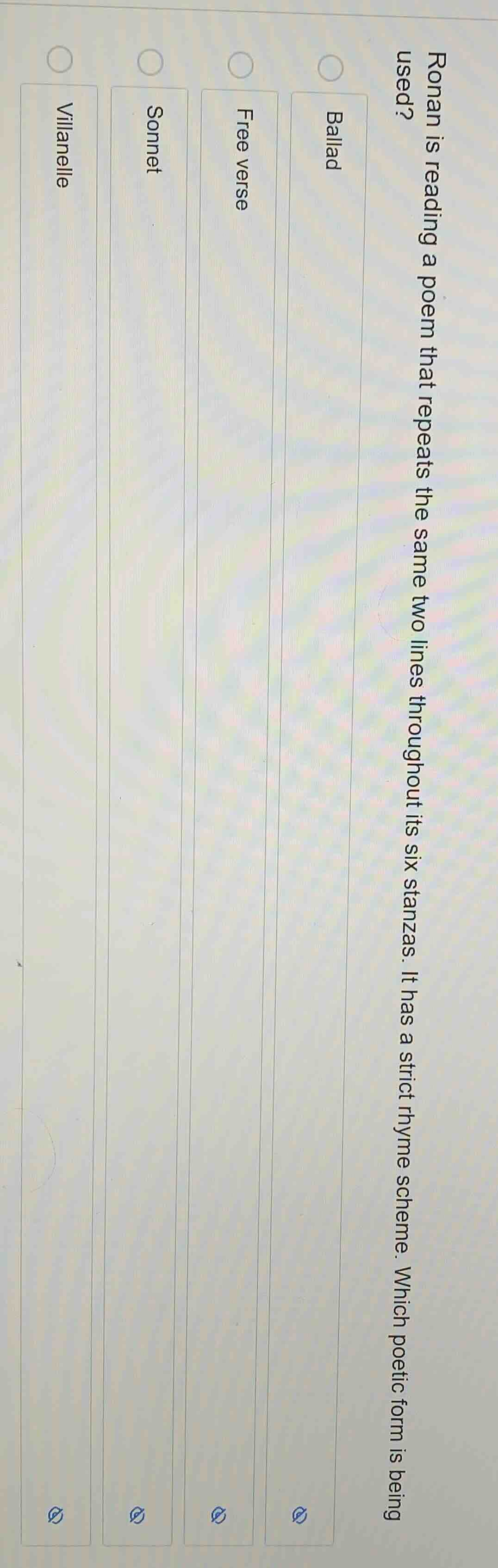 ronan is reading a poem that repeats the same two lines throughout its …