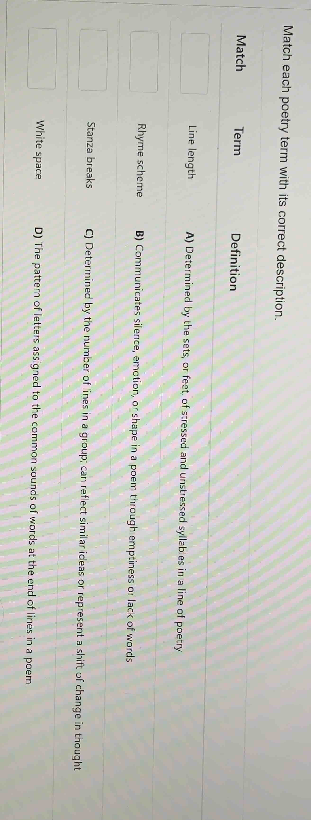 match each poetry term with its correct description. match term definit…