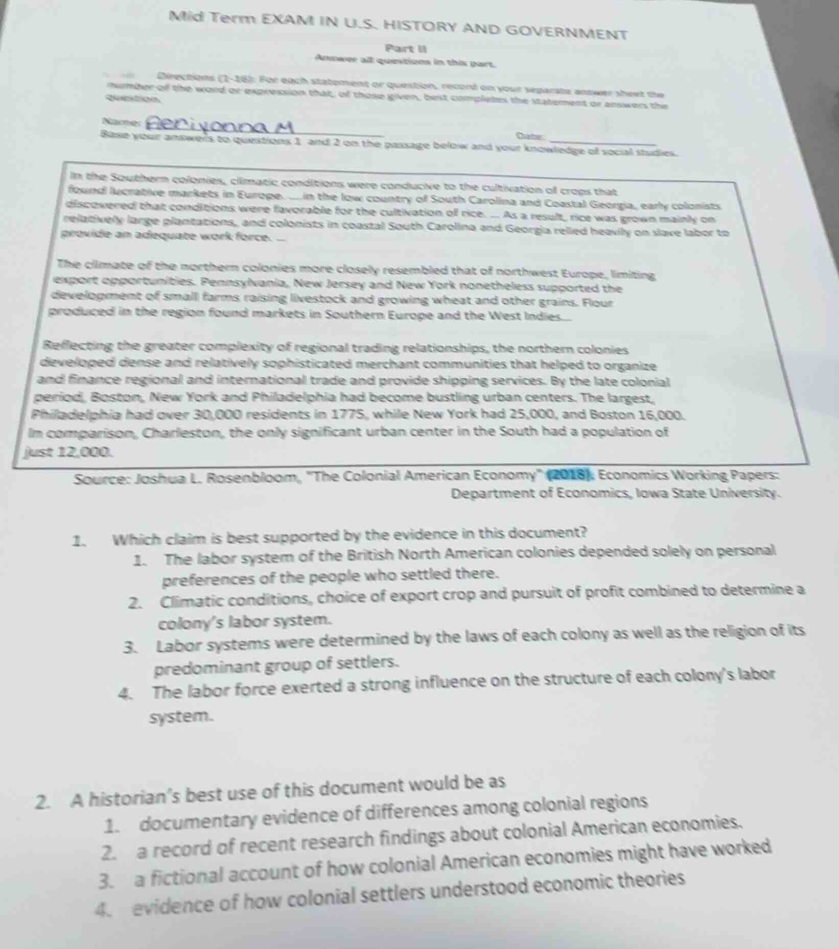 mid term exam in u.s. history and government part ii answer all questio…