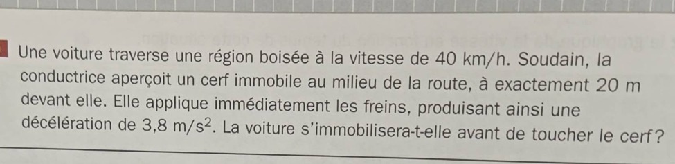 une voiture traverse une région boisée à la vitesse de 40 km/h. soudain…