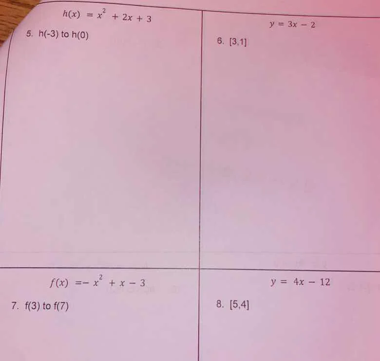 h(x) = x² + 2x + 3 5. h(-3) to h(0) f(x) = -x² + x - 3 7. f(3) to f(7) …