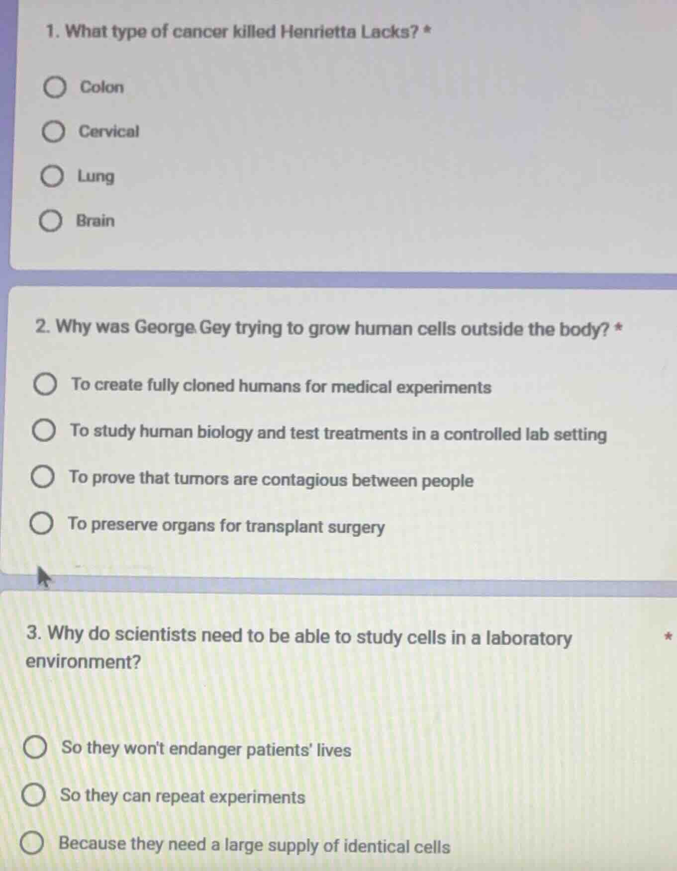 1. what type of cancer killed henrietta lacks? * colon cervical lung br…