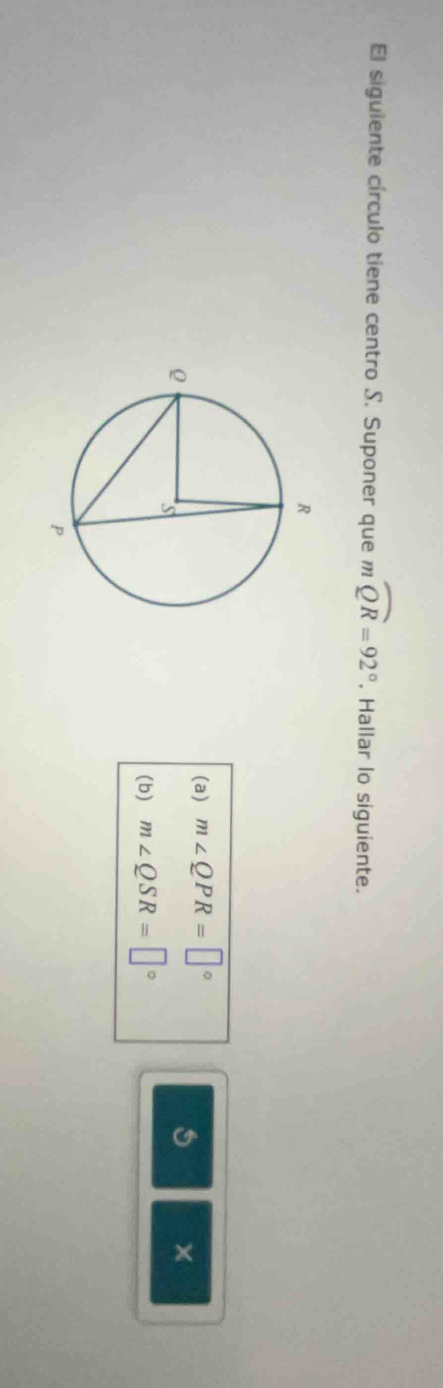 el siguiente círculo tiene centro s. suponer que ( moverarc{qr} = 92^ci…