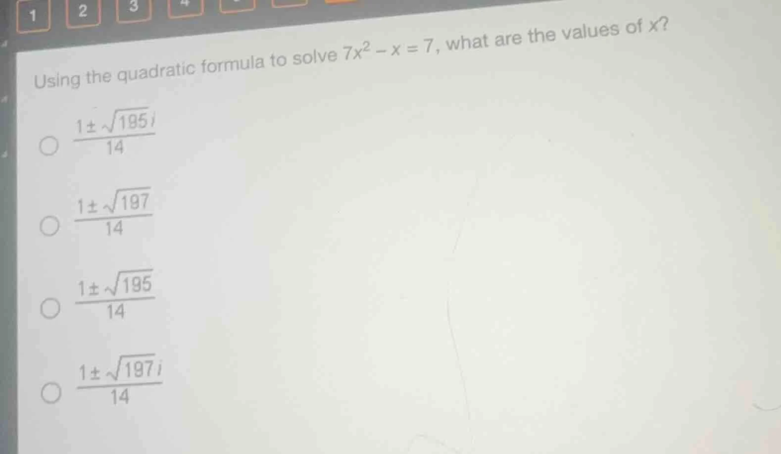 using the quadratic formula to solve $7x^2 - x = 7$, what are the value…