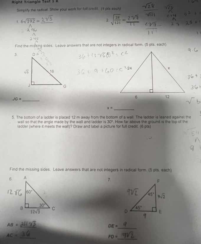 right triangle test 1 k simplify the radical. show your work for full c…