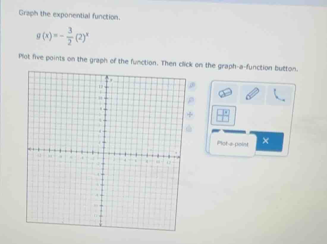 graph the exponential function. \\( g(x) = -\frac{3}{2}(2)^x \\) plot f…