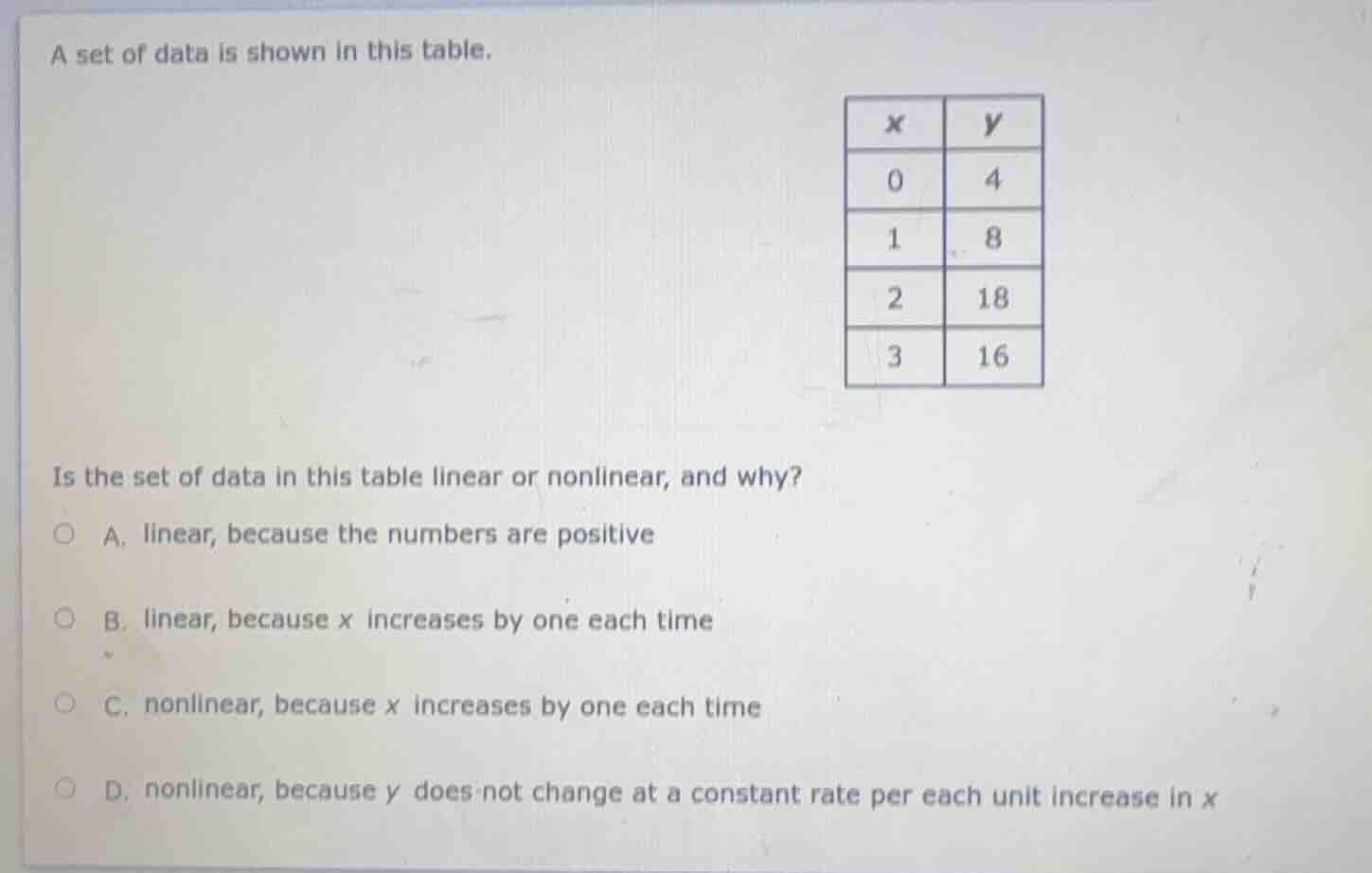 a set of data is shown in this table. x | y 0 | 4 1 | 8 2 | 18 3 | 16 i…