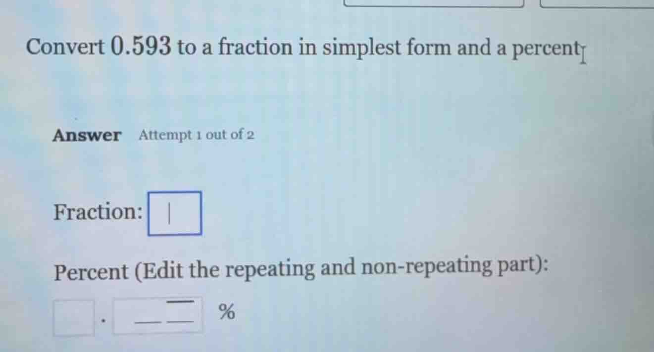 convert 0.593 to a fraction in simplest form and a percent answer attem…