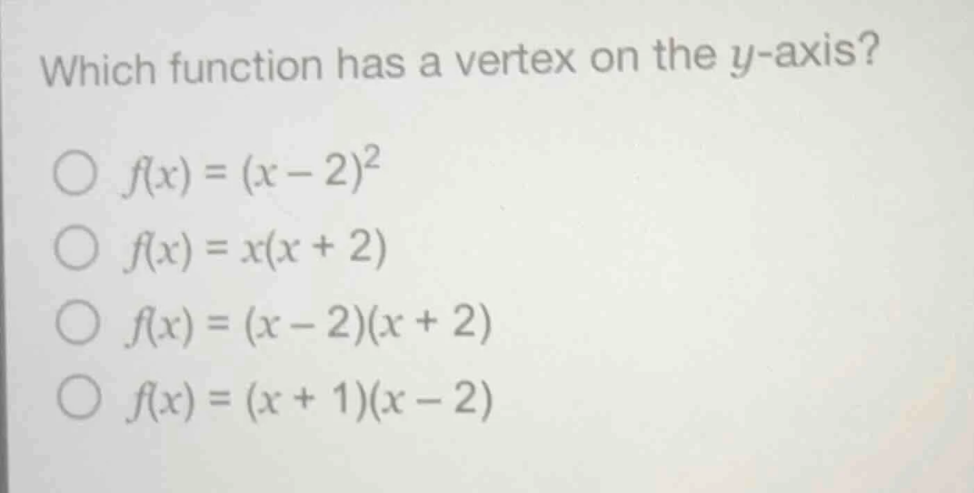 which function has a vertex on the y - axis?\\(\\bigcirc\\ f(x) = (x - …