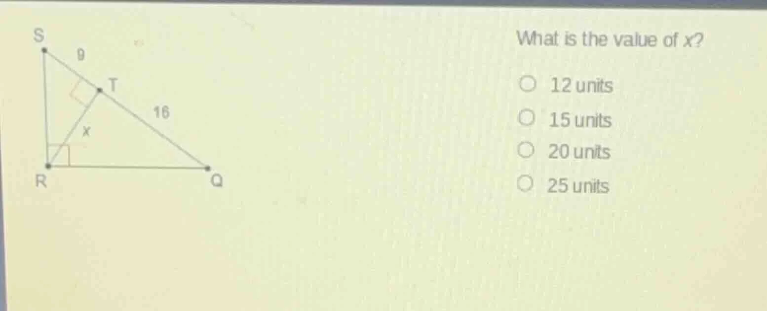 what is the value of x? 12 units 15 units 20 units 25 units