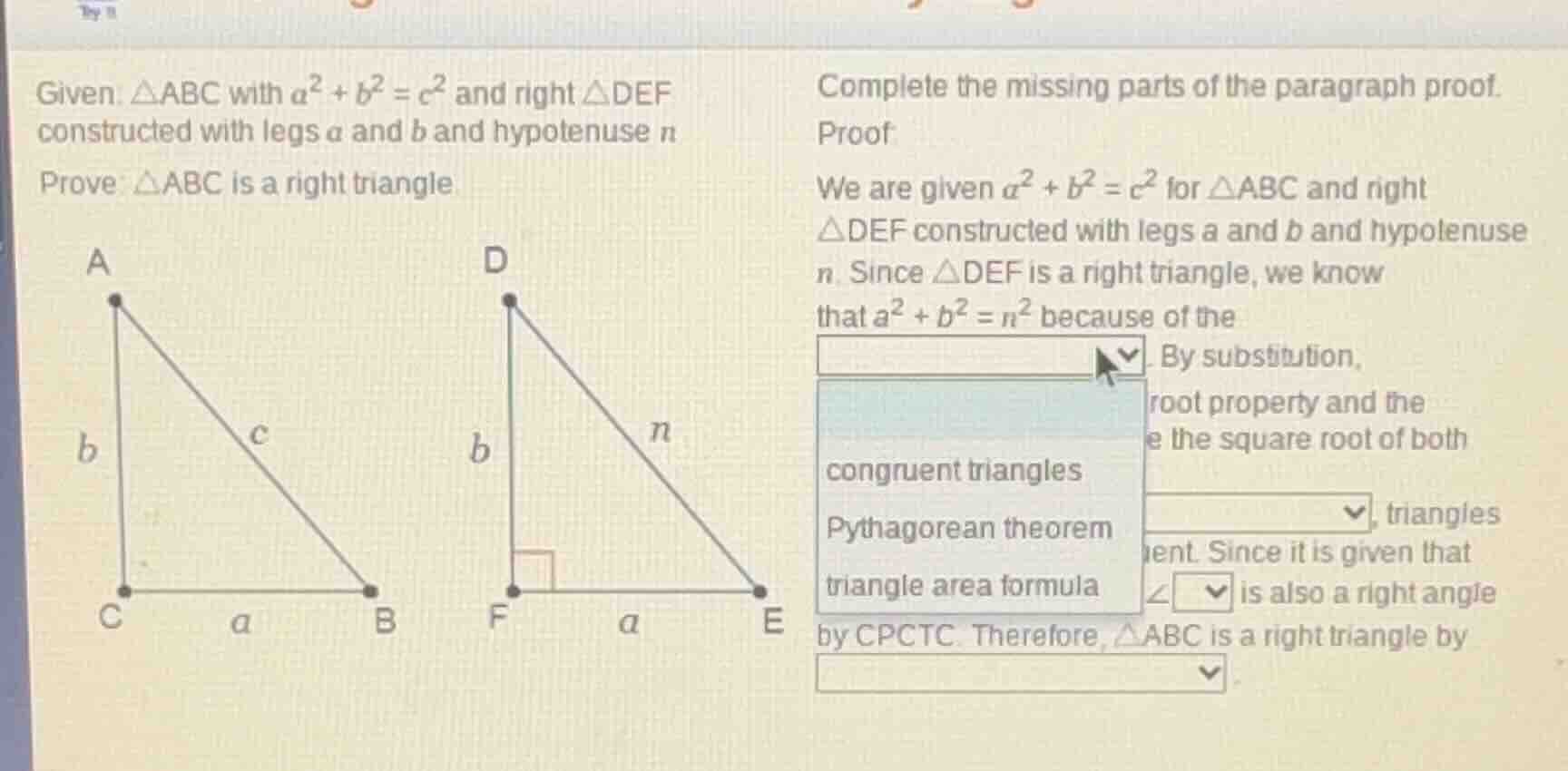 given: △abc with (a^2 + b^2 = c^2) and right △def constructed with legs…