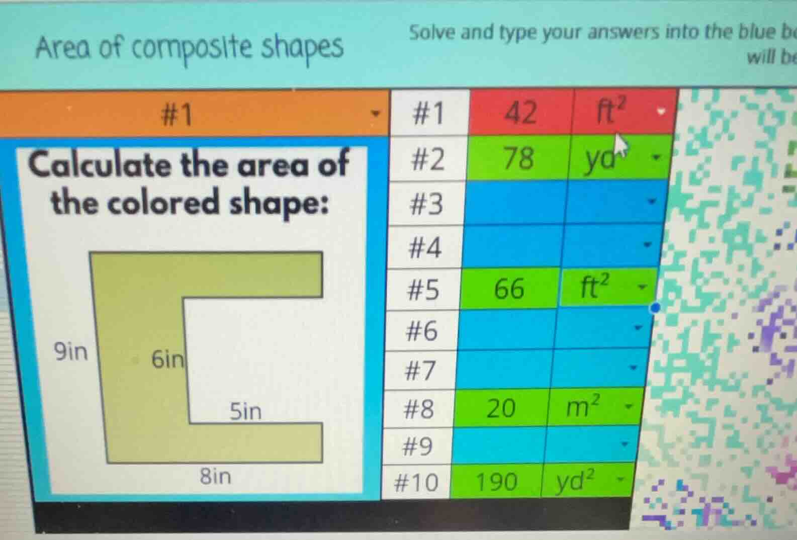 area of composite shapes #1 calculate the area of the colored shape: 9i…