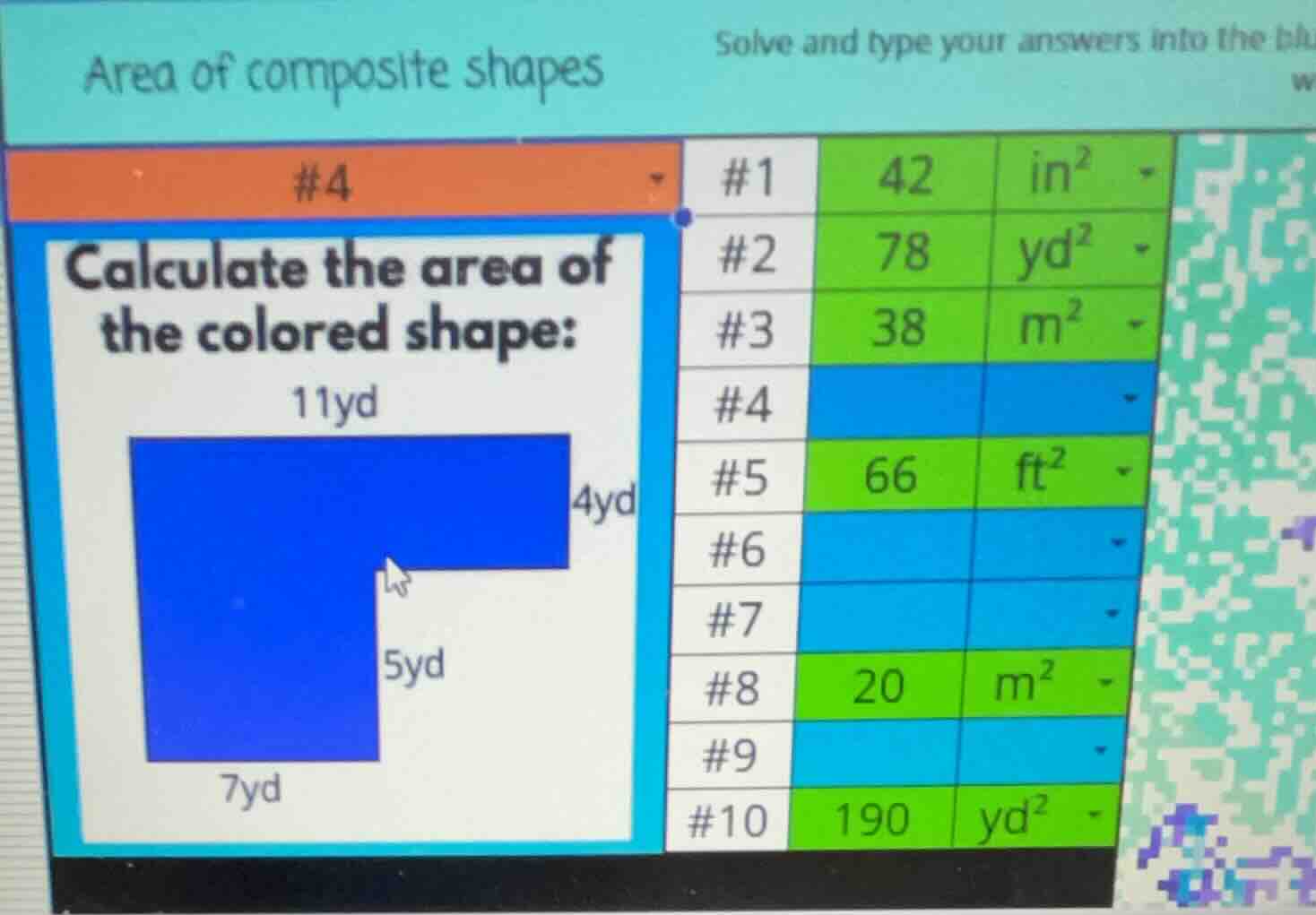area of composite shapes #4 calculate the area of the colored shape: 11…