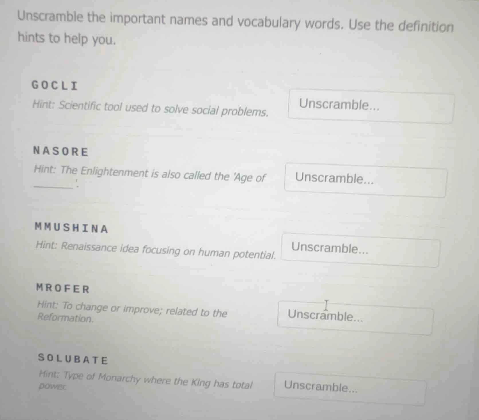 unscramble the important names and vocabulary words. use the definition…