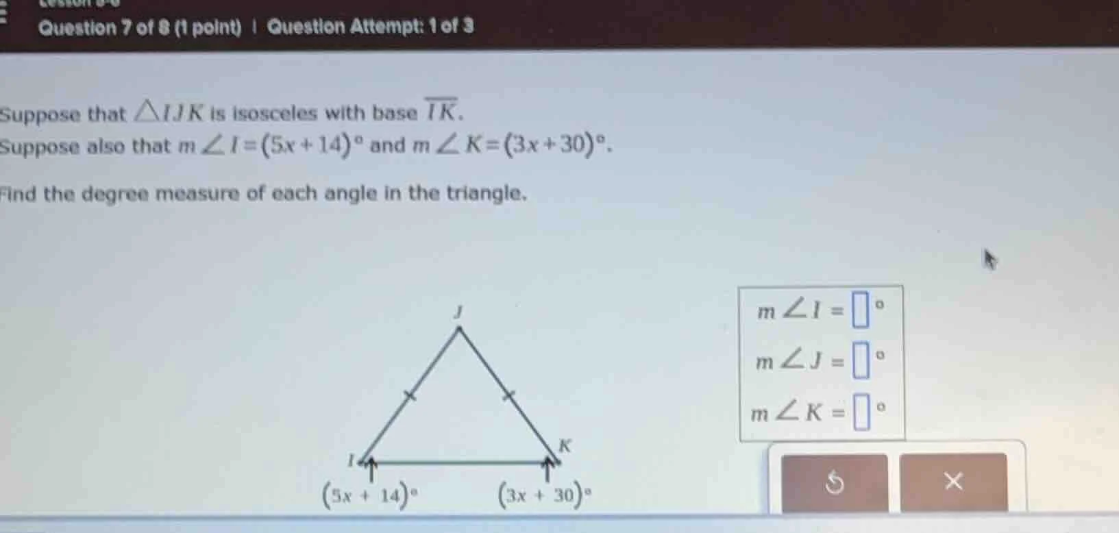 question 7 of 8 (1 point) | question attempt: 1 of 3 suppose that △ijk …