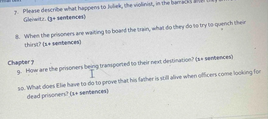 7. please describe what happens to juliek, the violinist, in the barrac…