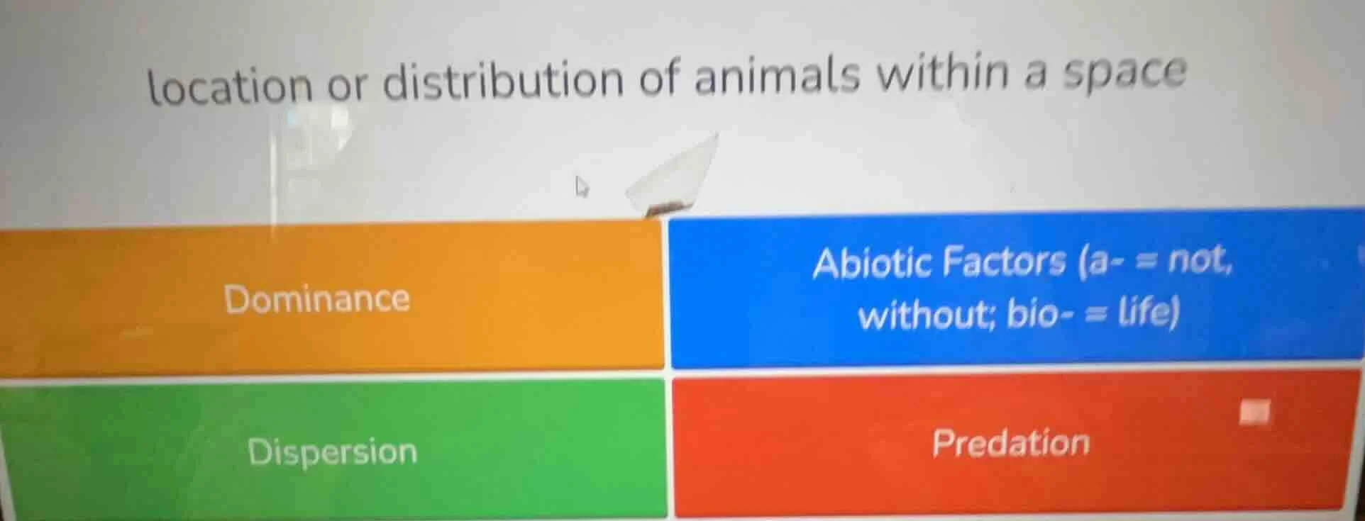 location or distribution of animals within a space dominance abiotic fa…