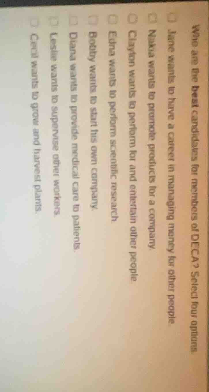 who are the best candidates for members of deca? select four options. j…