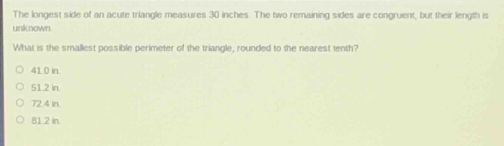 the longest side of an acute triangle measures 30 inches. the two remai…