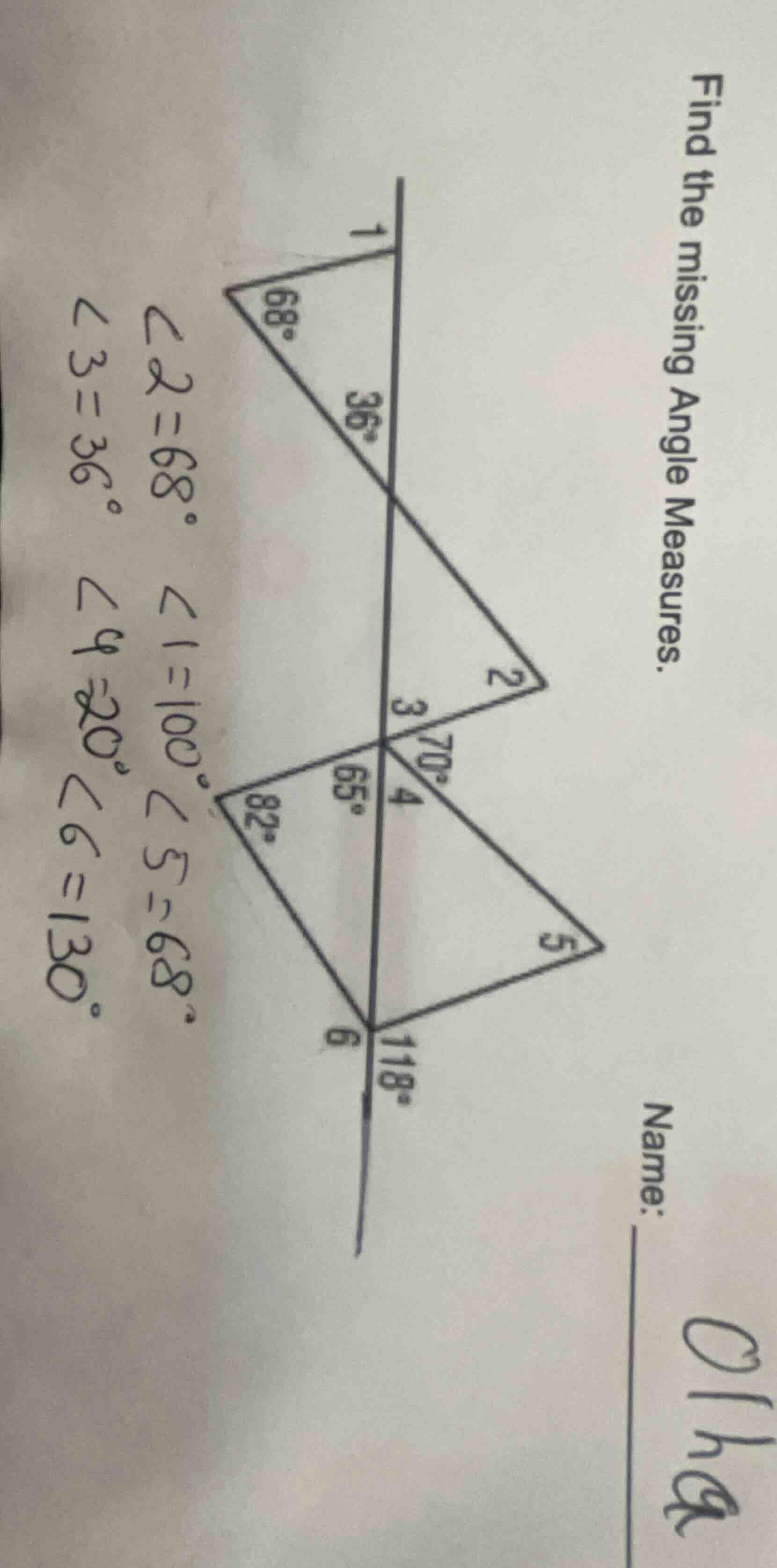 find the missing angle measures. name: ∠2 = 68° ∠3 = 36° ∠1 = 100° ∠4 =…