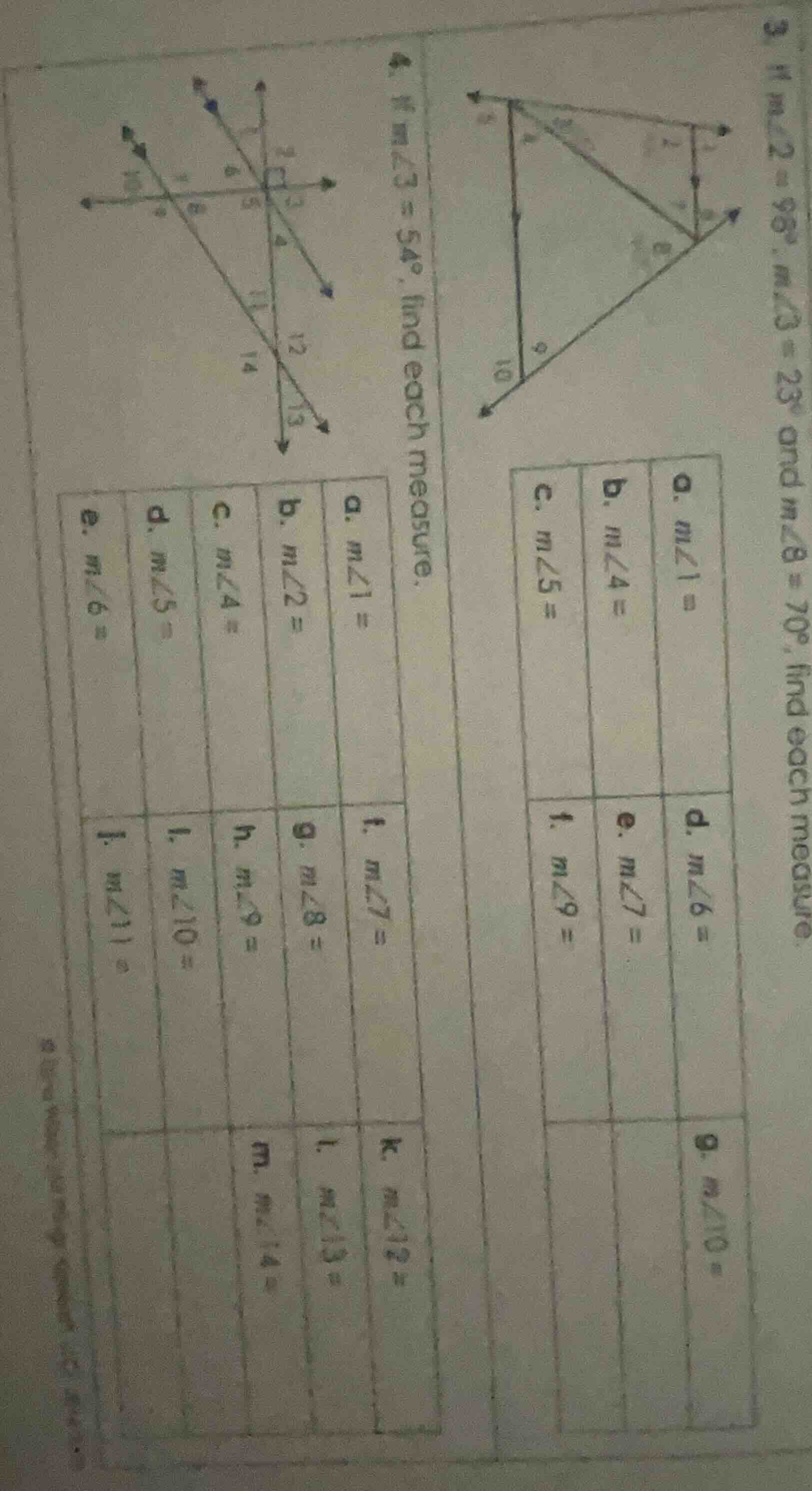 4. if ( mangle3 = 54^circ ), find each measure. a. ( mangle1 = ) b. ( m…