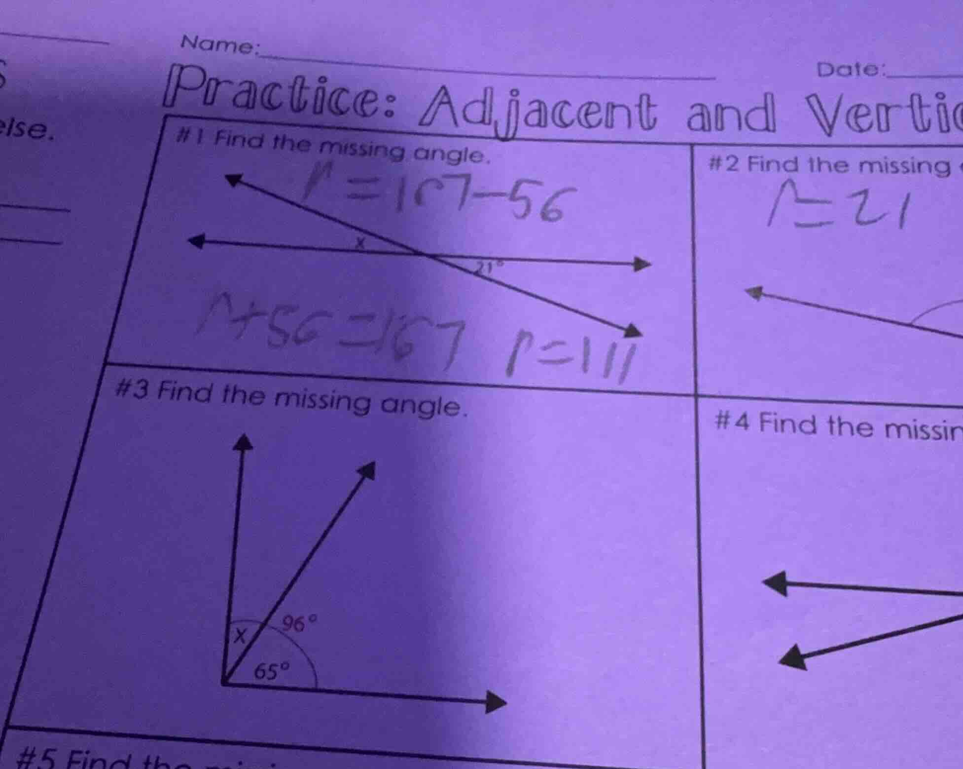 name: date: practice: adjacent and verti #1 find the missing angle. #2 …