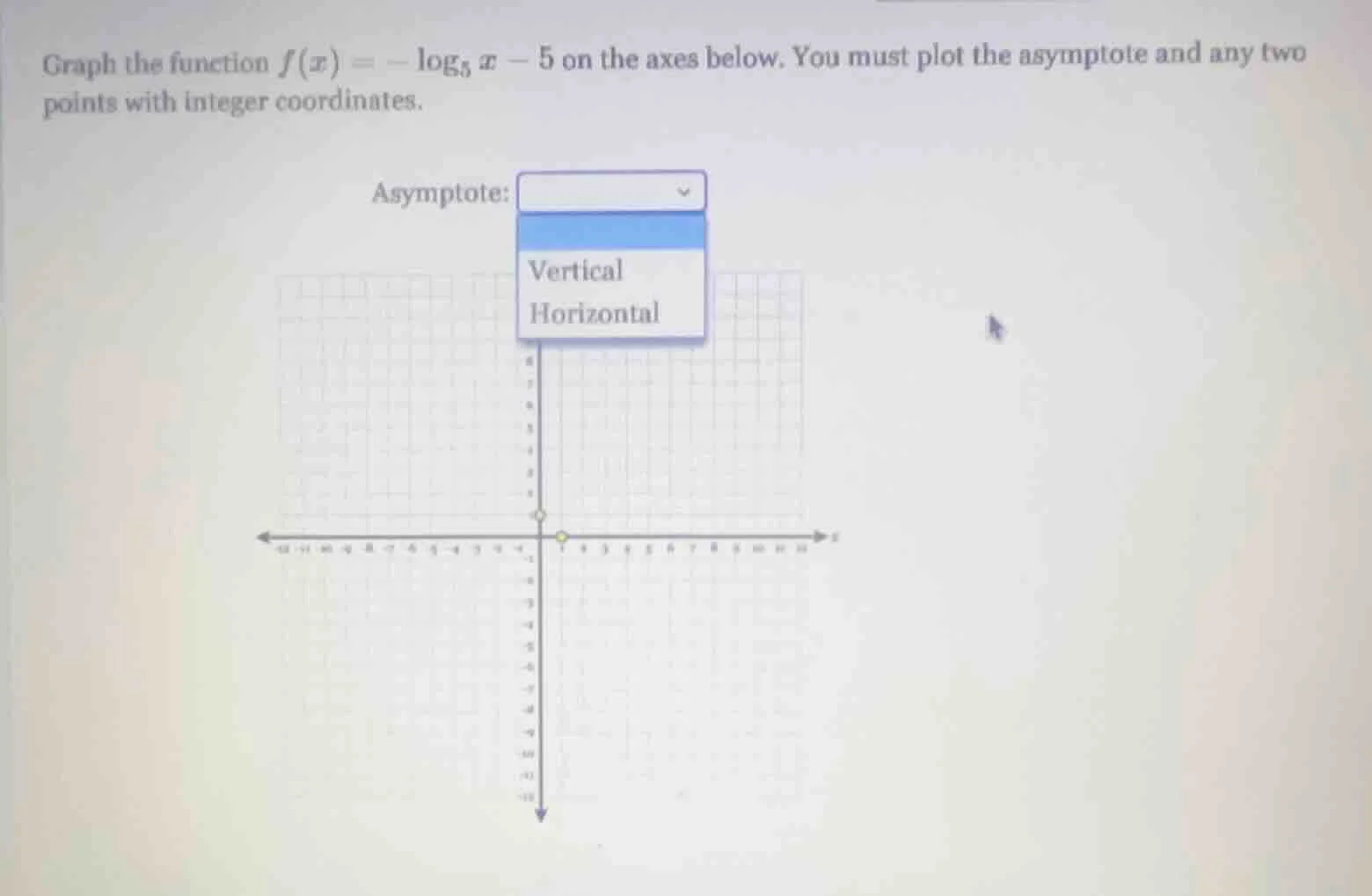 graph the function $f(x) = -\\log_{5} x - 5$ on the axes below. you mus…