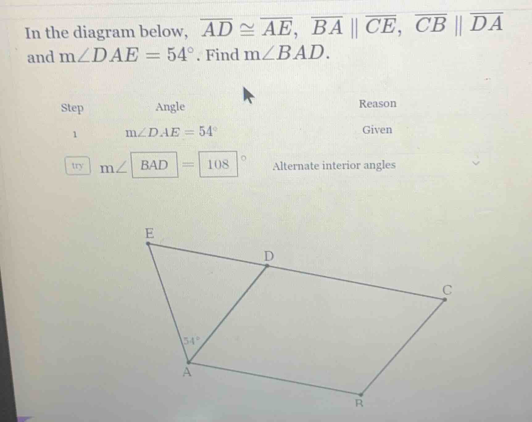 in the diagram below, \\(\\overline{ad} \\cong \\overline{ae}\\), \\(\\…