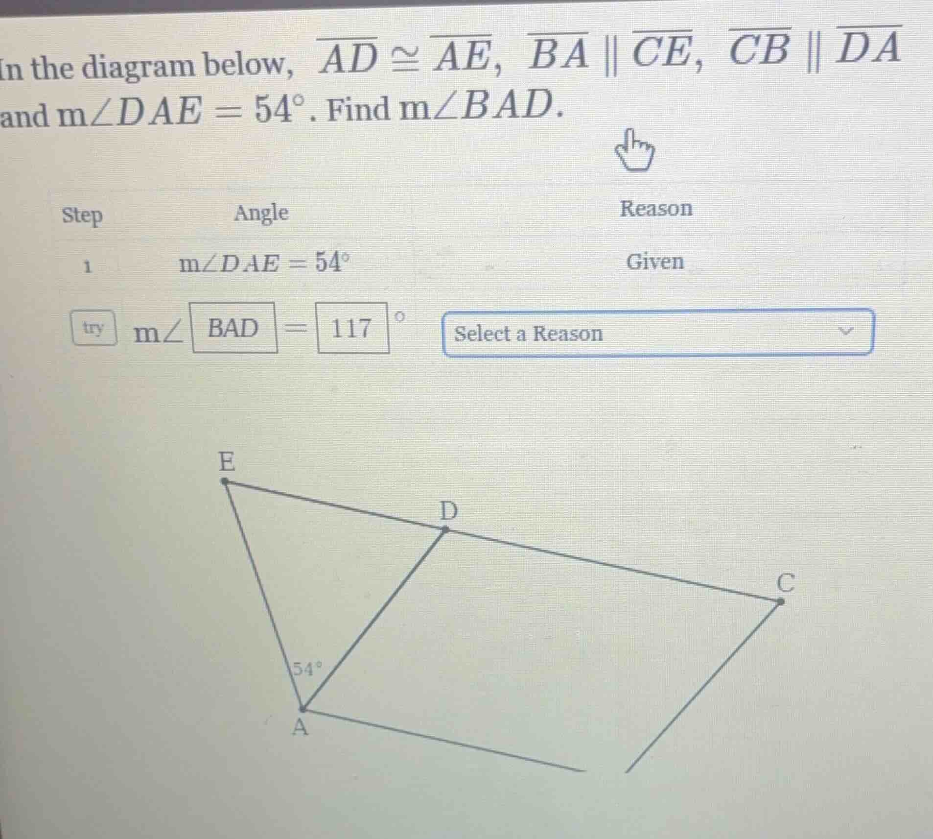 in the diagram below, \\(\\overline{ad} \\cong \\overline{ae}\\), \\(\\…