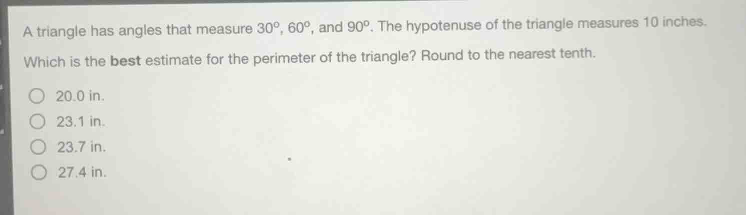 a triangle has angles that measure 30°, 60°, and 90°. the hypotenuse of…