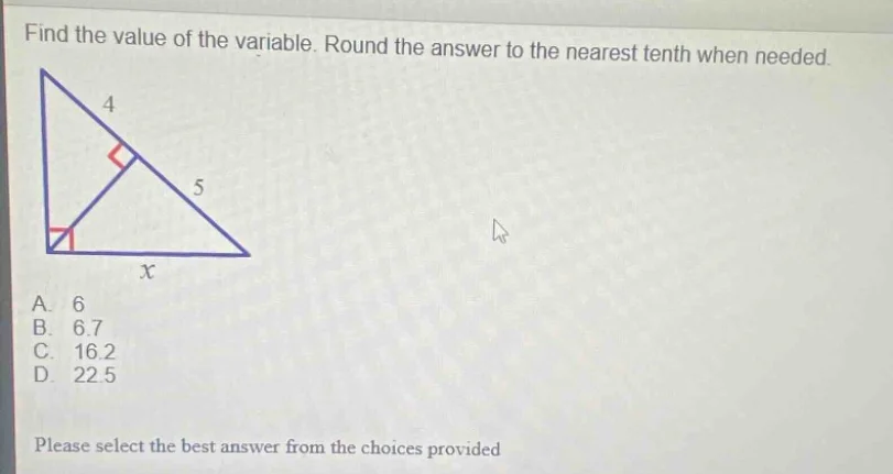 find the value of the variable. round the answer to the nearest tenth w…