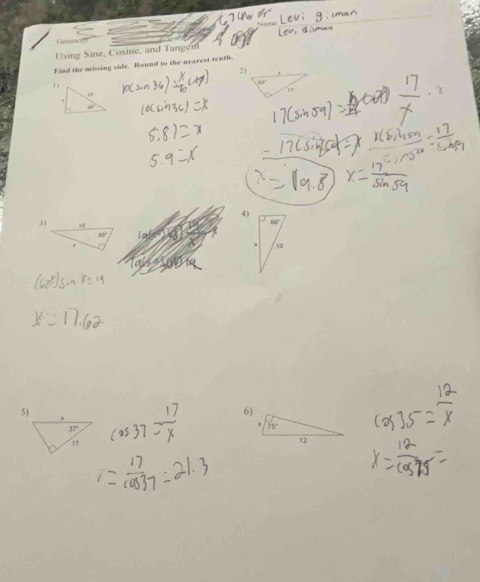 geometry using sine, cosine, and tangent find the missing side. round t…
