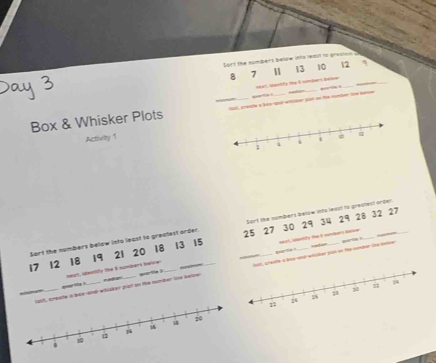 day 3 box & whisker plots activity 1 sort the numbers below into least …