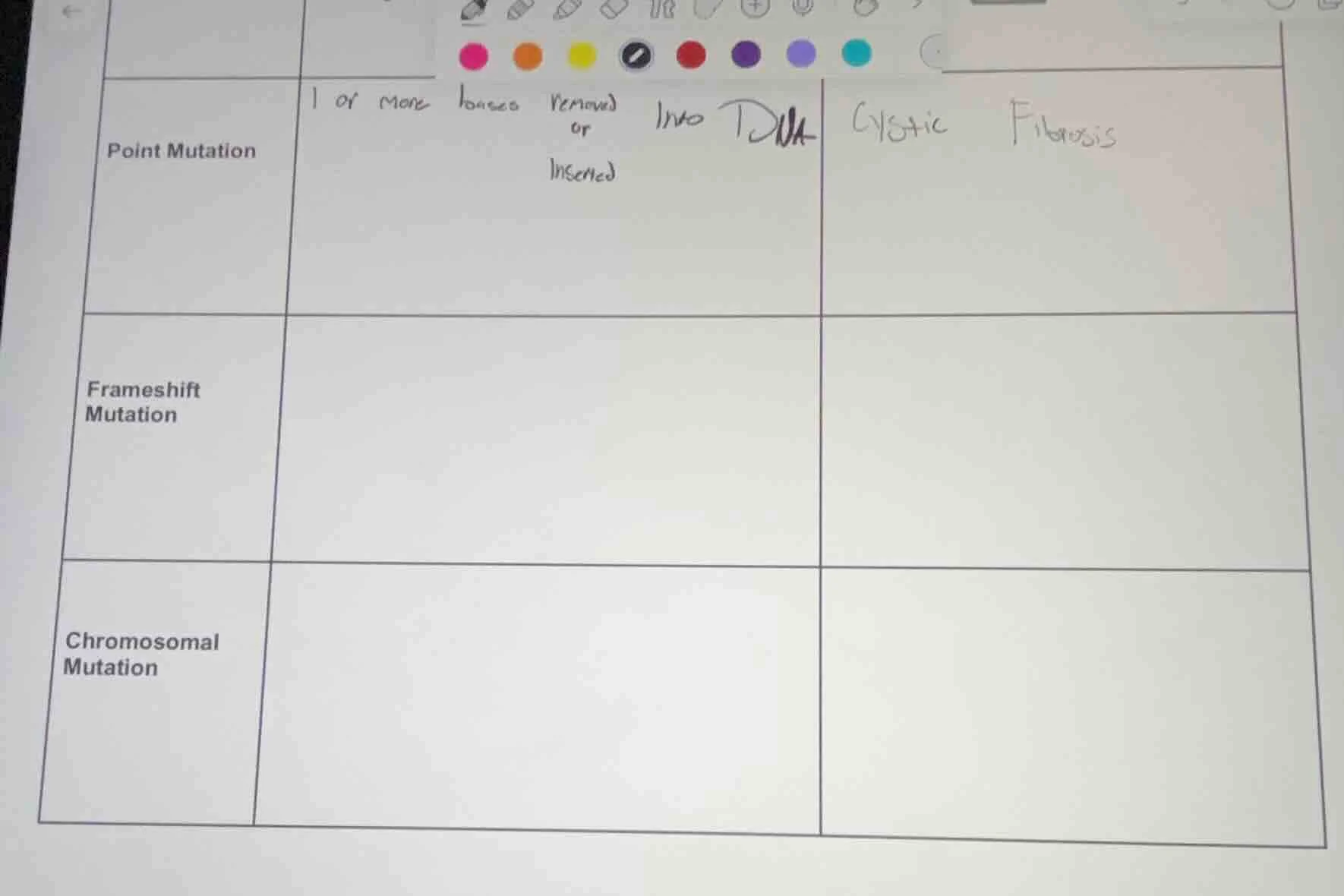 point mutation: 1 or more bases removed or inserted into dna, cystic fi…