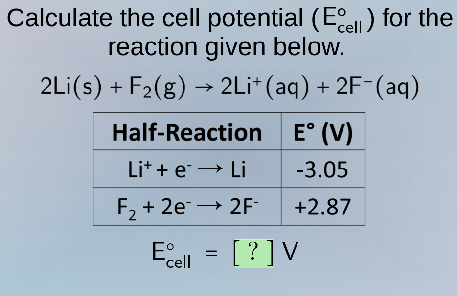 calculate the cell potential ($mathrm{e_{cell}^circ}$) for the reaction…