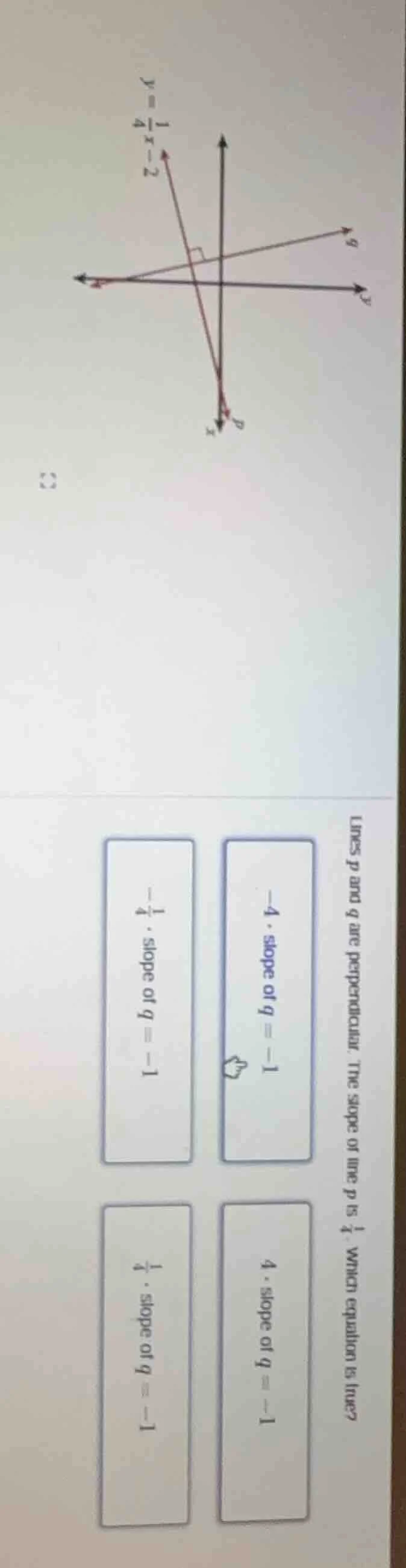 lines p and q are perpendicular. the slope of line p is \\(\\frac{1}{4}…