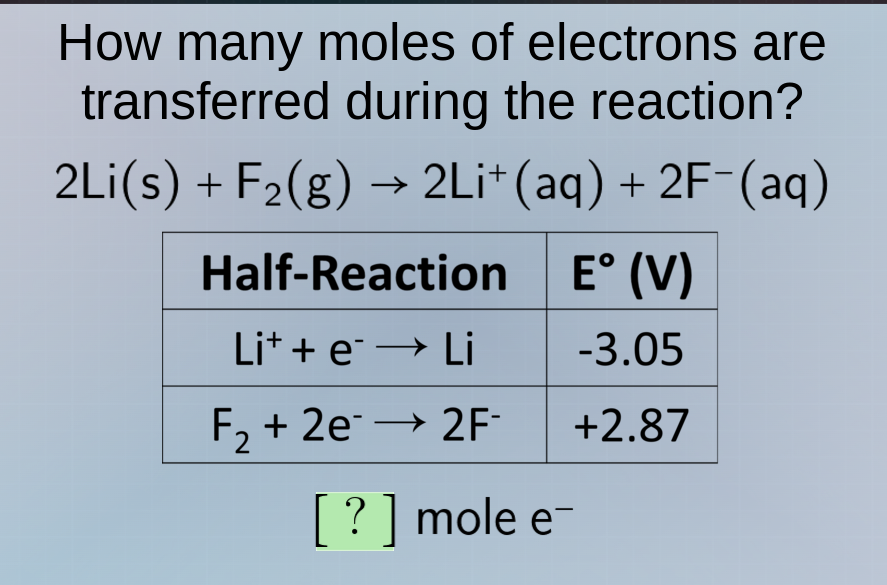 how many moles of electrons are transferred during the reaction? 2li(s)…