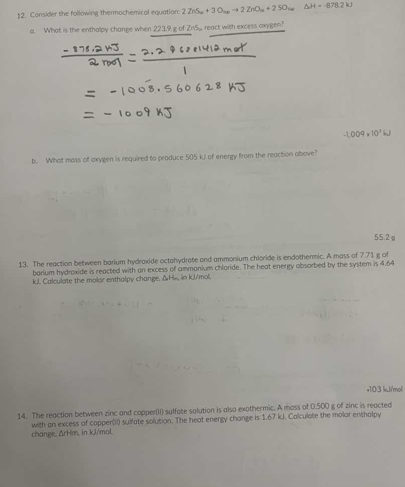 12. consider the following thermochemical equation: $2\\ zns_{(s)} + 3\…