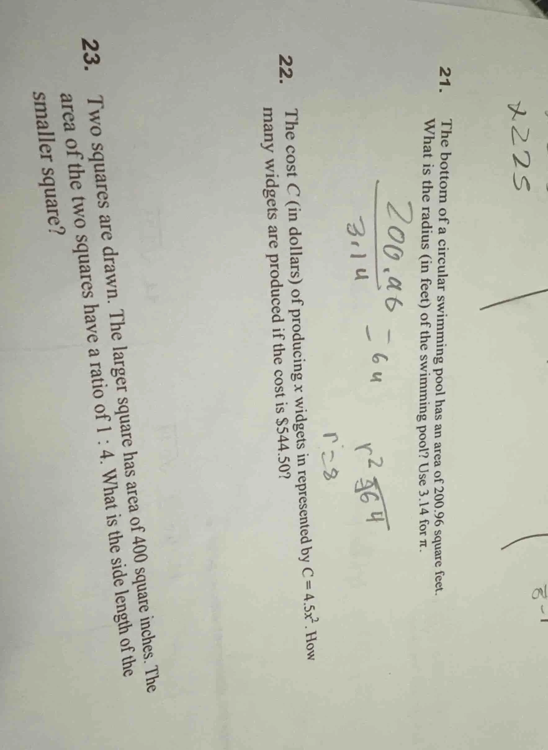 21. the bottom of a circular swimming pool has an area of 200.96 square…