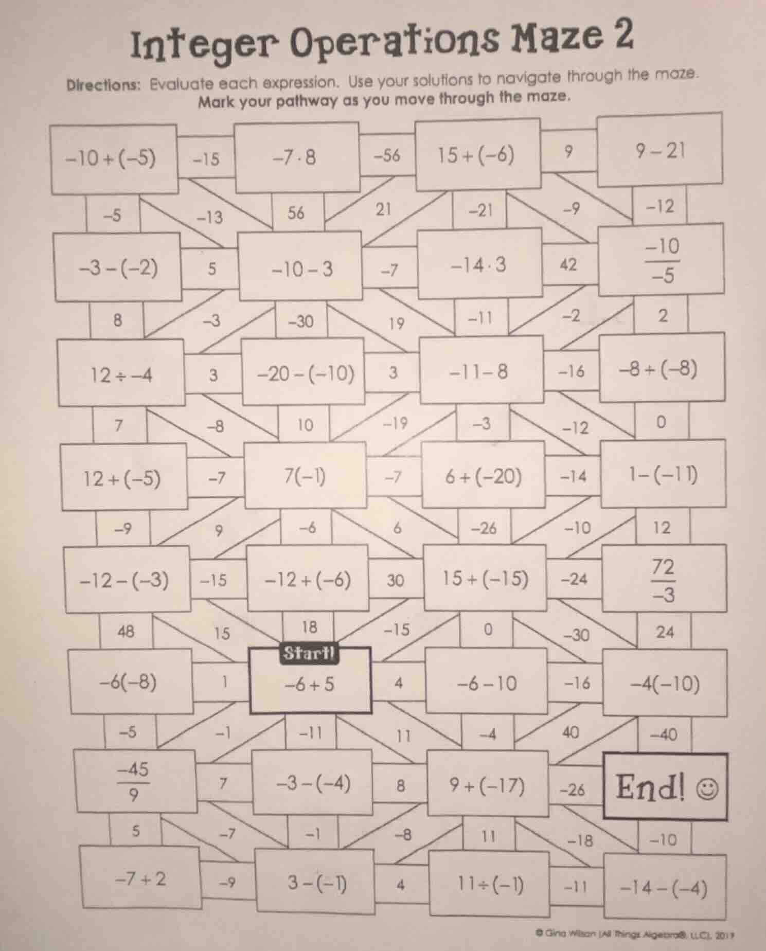 integer operations maze 2 directions: evaluate each expression. use you…